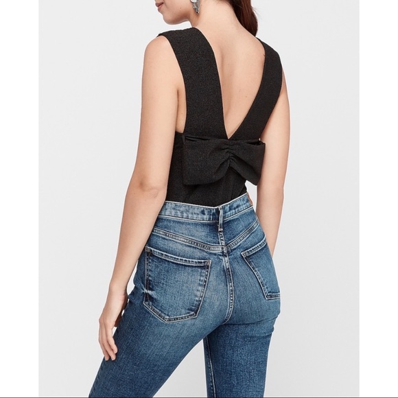 Express Tops - EXPRESS Ribbed Plunge Neck Bow Back Thong Bodysuit